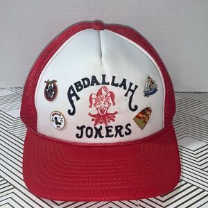 VTG Shriners Headwear Abdallah Jokers OS Hat Cap Red White Mesh Snap Back Pins‎